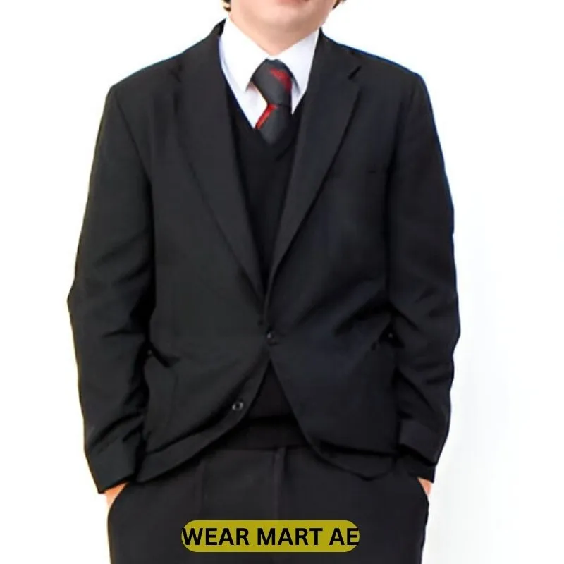 school boy wearing black uniform blazer